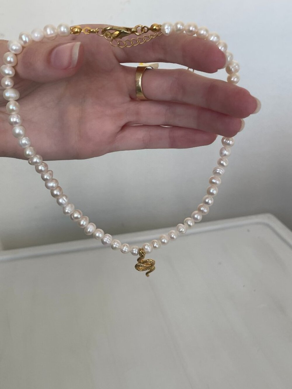 White Pearl Beaded Necklace w/ Gold Tone Snake Charm Pendant